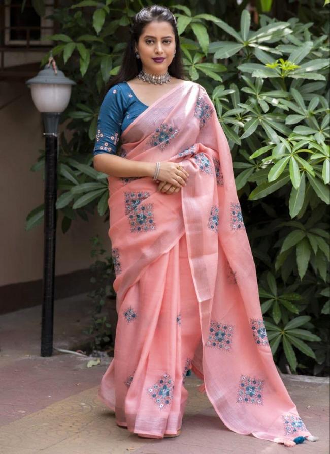 Linen Peach Festival Wear Weaving Saree